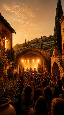 a live music scene with a glowing stage and silhouetted crowd, energetic vertical composition with open space at the top, no text