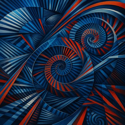 a painting of blue and red shapes