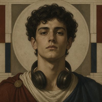 head-and-shoulders portrait of an original character: a young man with curly dark hair and headphones around his neck, plain backdrop, no text