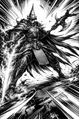 a black and white drawing of a knight