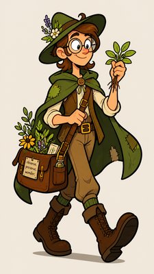 full-body original character: a wandering botanist with a satchel of plants, a patched green cloak, tall boots and round glasses, neutral background