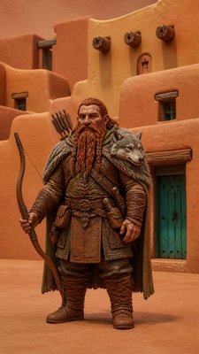 full-body original character: a dwarven ranger with a braided auburn beard, worn leather armor, a longbow and a wolf-pelt cloak, neutral background, no text