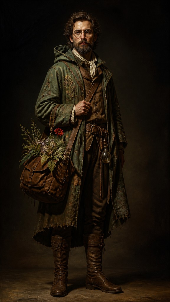 full-body original character: a wandering botanist with a satchel of plants, a patched green cloak, tall boots and round glasses, neutral background