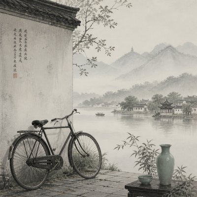 bicyle resting against a wall — Hangzhou Art Style