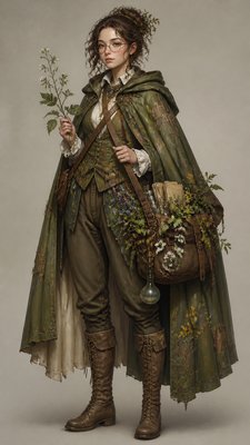 full-body original character: a wandering botanist with a satchel of plants, a patched green cloak, tall boots and round glasses, neutral background