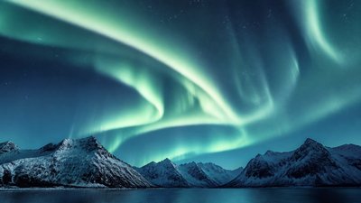 a flowing aurora over snowy peaks, wide sweeping composition, no people, no text