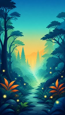 a mysterious forest path with fireflies and drifting mist, atmospheric vertical composition with open space at the top, no text