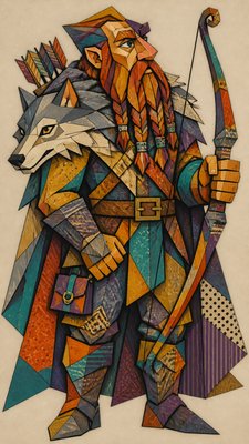 full-body original character: a dwarven ranger with a braided auburn beard, worn leather armor, a longbow and a wolf-pelt cloak, neutral background, no text