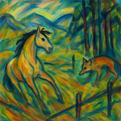 In the style of Franz Marc, create a horse startled from his rest. The horse is in a grassy field, fenced, with mountains in the background. The horse is a light tan with dark mane. The horse is sensitive to a coyote nearby, emerging from a stand of Ponderosa pines. The atmosphere is quiet and calm with some morning fog misting around. 