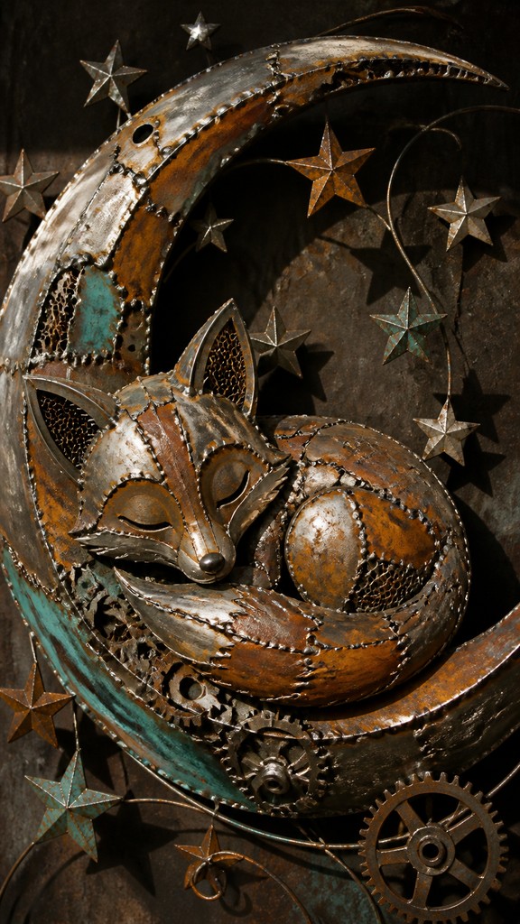 a sleeping baby fox curled on a crescent moon among soft stars, gentle and warm, no text