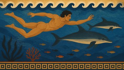 ancient greek ignudi athlete swimming with dophins