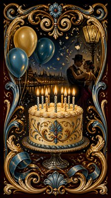 a birthday cake with lit candles surrounded by balloons and confetti, festive vertical composition, no text
