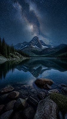 a tranquil mountain lake beneath a starry night sky, no people, no text