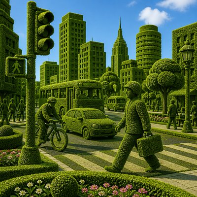 urban street with city activity — Topiary Art Style