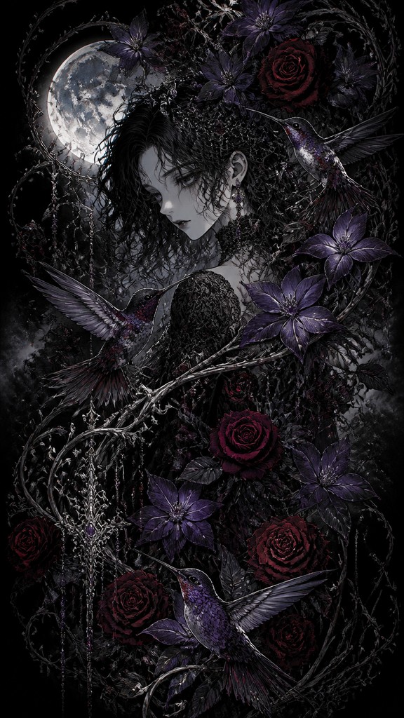 a climbing vine of flowers and hummingbirds on a dark background, tall wrapping composition, no text