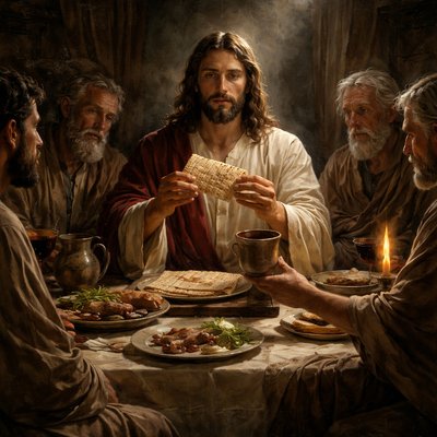 “And as they were eating, Jesus took bread, and blessed it, and brake it, and gave it to the disciples, and said, Take, eat; this is my body. And he took the cup, and gave thanks, and gave it to them, saying, Drink ye all of it; For this is my blood of the new testament, which is shed for many for the remission of sins. But I say unto you, I will not drink henceforth of this fruit of the vine, until that day when I drink it new with you in my Father's kingdom.” (Matthew 26:26-29, KJV) Use Matzo style bread
