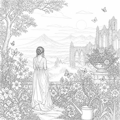 a garden scene with butterflies, flowers and a watering can, clean uncolored line art, no text