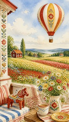 a hot air balloon drifting over rolling flower fields on a sunny day, cheerful, no text