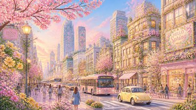 bustling city street panorama at dusk