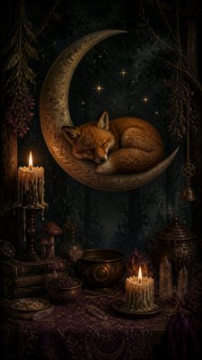 a sleeping baby fox curled on a crescent moon among soft stars, gentle and warm, no text