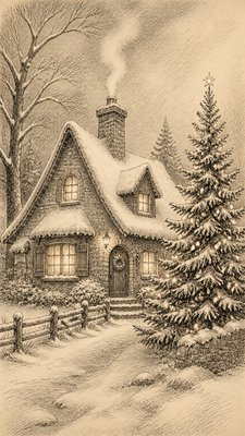 a snow-covered cottage with warm glowing windows beside a decorated pine tree, gentle snowfall, no text