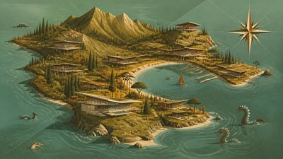a map of an island realm with mountains, forests, a sheltered bay, sea monsters in the water and a compass rose, no text labels