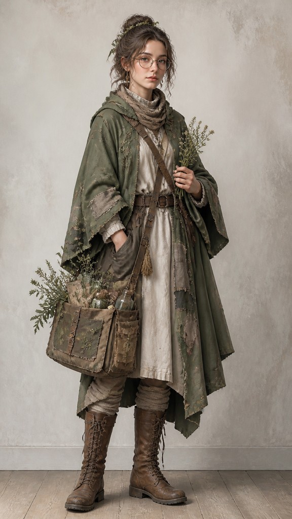 full-body original character: a wandering botanist with a satchel of plants, a patched green cloak, tall boots and round glasses, neutral background