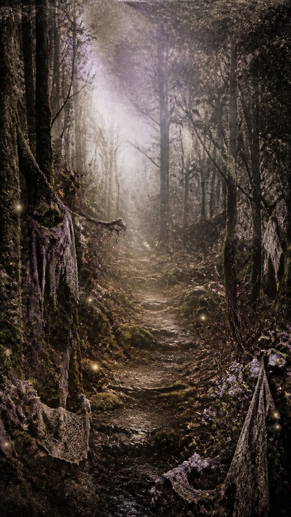 a mysterious forest path with fireflies and drifting mist, atmospheric vertical composition with open space at the top, no text
