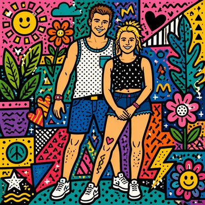 a painting of a man and a woman standing in front of a colorful background