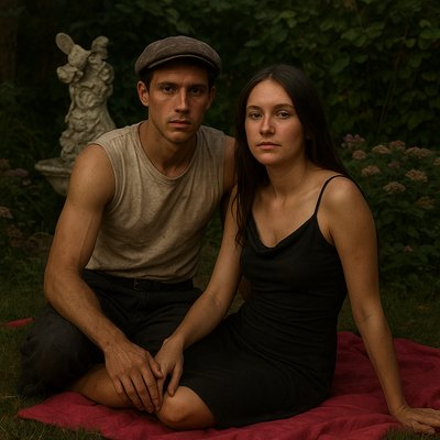 a man and a woman are sitting on a blanket