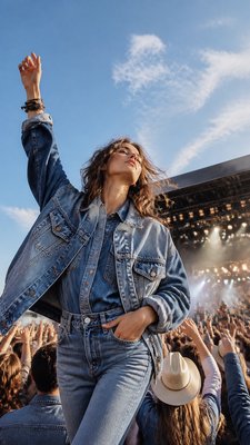 a live music scene with a glowing stage and silhouetted crowd, energetic vertical composition with open space at the top, no text