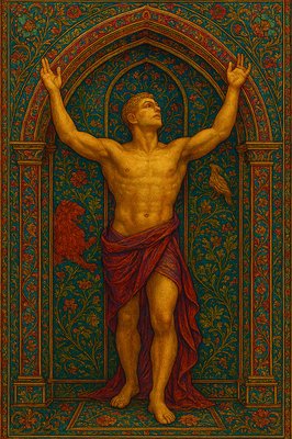 a painting of a man with his hands up