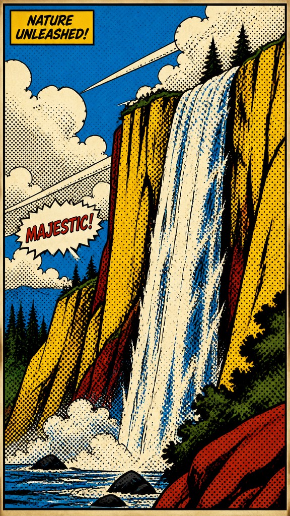 towering waterfall cascading down a cliff