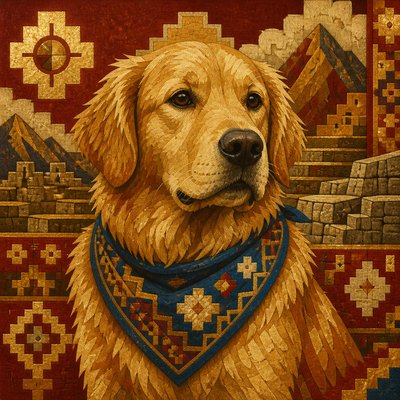 portrait of a golden retriever wearing a blue bandana, warm plain backdrop, no text