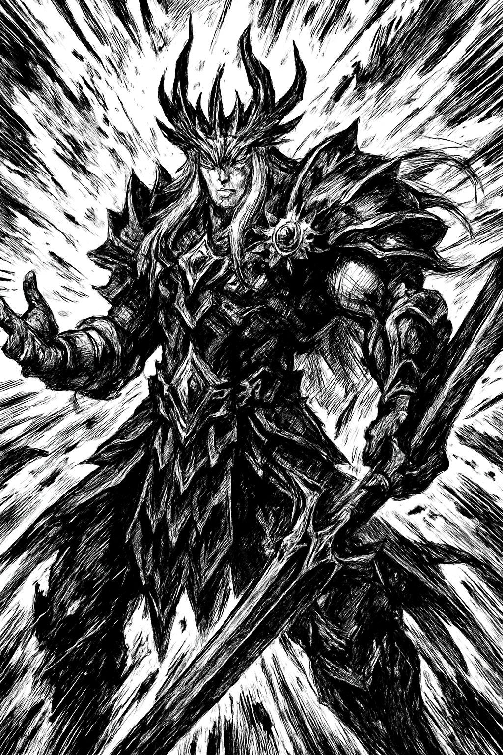 a black and white drawing of a knight holding a sword
