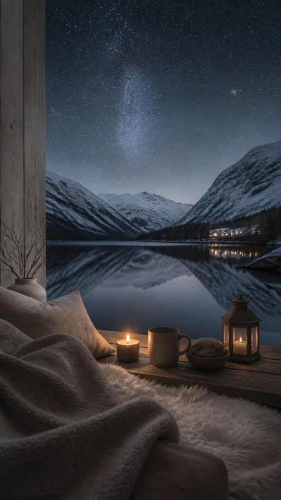 a tranquil mountain lake beneath a starry night sky, no people, no text