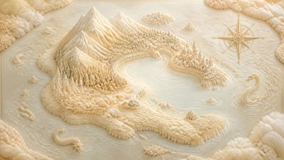 a map of an island realm with mountains, forests, a sheltered bay, sea monsters in the water and a compass rose, no text labels