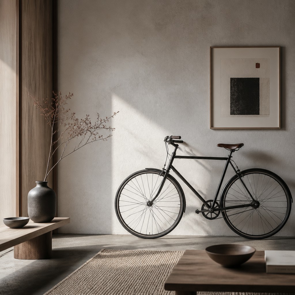 bicyle resting against a wall — Japandi Aesthetic