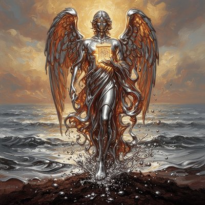 A majestic celestial being made of flowing quicksilver and molten gold, standing tall, liquid metal. The entity holds a small glowing scroll. The angel's form is fluid and constantly shifting. The right foot is submerged in the ocean, but the ocean is made of liquid chrome, and the leg creates ripples that blend perfectly with the water, indistinguishable from the sea. The left foot plants firmly on the earth, the liquid metal form solidifying into structure as it touches the ground, heavy droplets of silver splashing onto the soil. High contrast, ray tracing, volumetric lighting, fluid simulation
