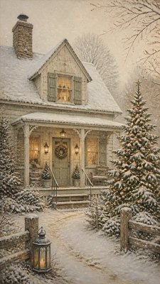 a snow-covered cottage with warm glowing windows beside a decorated pine tree, gentle snowfall, no text