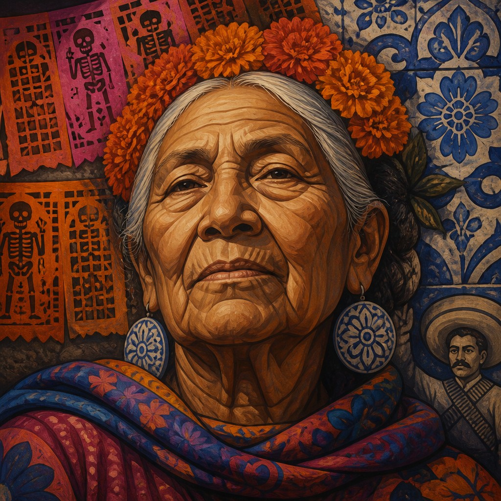 close-up portrait of an elderly person with expressive weathered features — Mexican Art Style