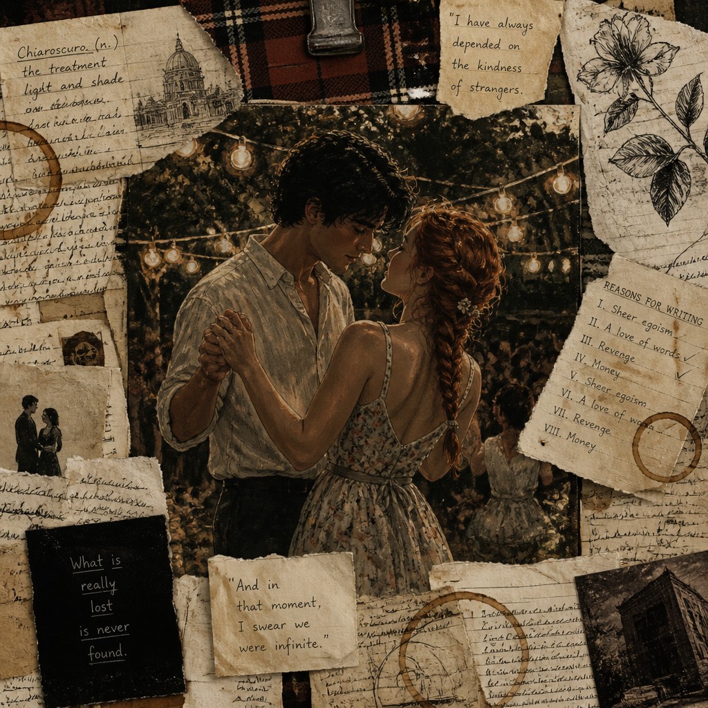 an original couple dancing under string lights in a garden at dusk: a man with short black hair in a linen shirt and a woman with braided red hair in a summer dress