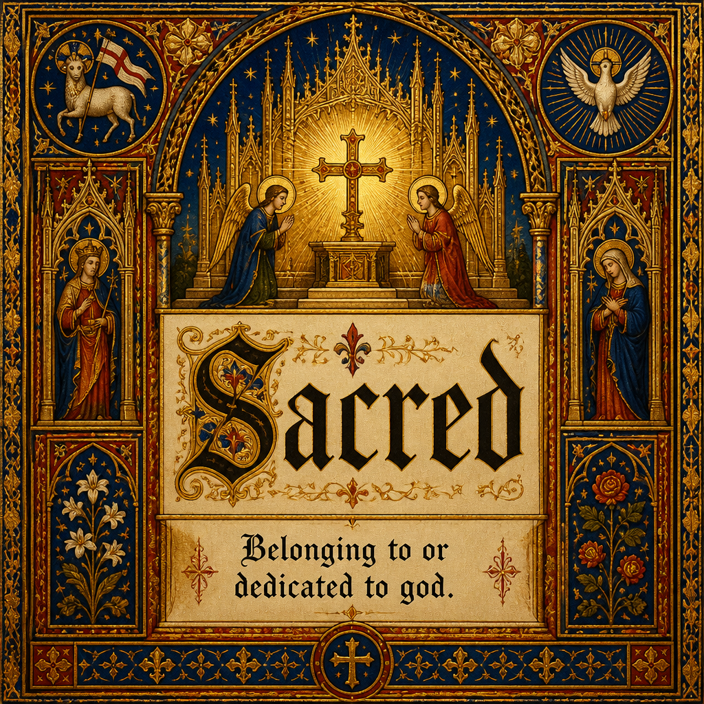 Please create a flashcard for the spelling word: "sacred" and it's definition: "Belonging to or dedicated to god."