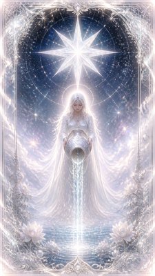 a robed figure pouring water beneath a large eight-pointed star in a night sky, symmetrical composition with an ornate decorative border, no text