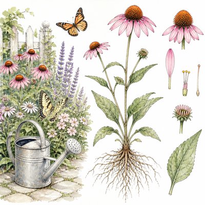 a garden scene with butterflies, flowers and a watering can, clean uncolored line art, no text
