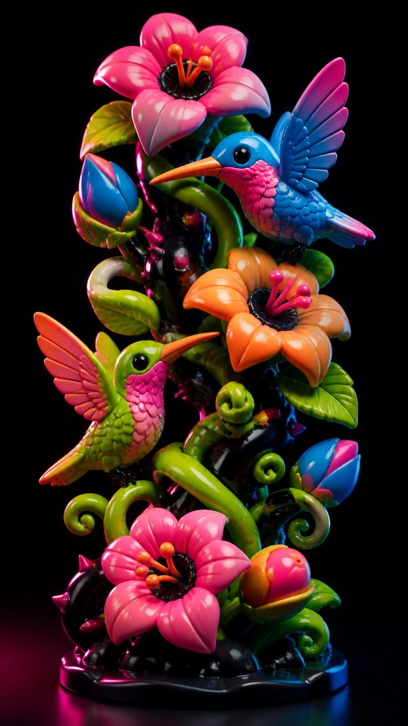 a climbing vine of flowers and hummingbirds on a dark background, tall wrapping composition, no text