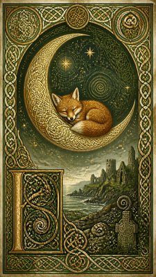 a sleeping baby fox curled on a crescent moon among soft stars, gentle and warm, no text