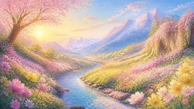 a vast valley with a river winding toward distant mountains at sunrise, no people, no text
