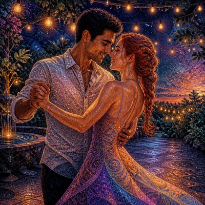 an original couple dancing under string lights in a garden at dusk: a man with short black hair in a linen shirt and a woman with braided red hair in a summer dress