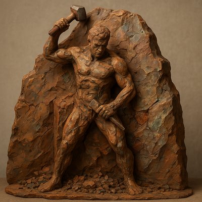 a bronze statue of a man holding a hammer
